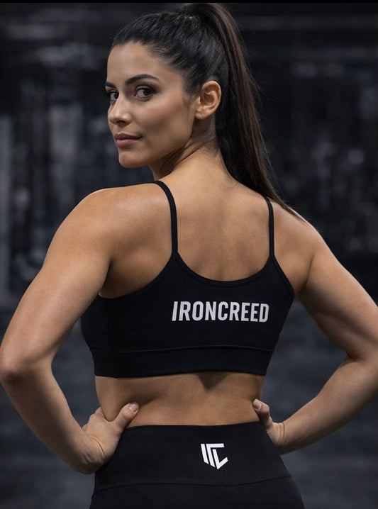 IronCreed Performance Sports Bra – Black Minimalist Gym Bra for Training & Fitness