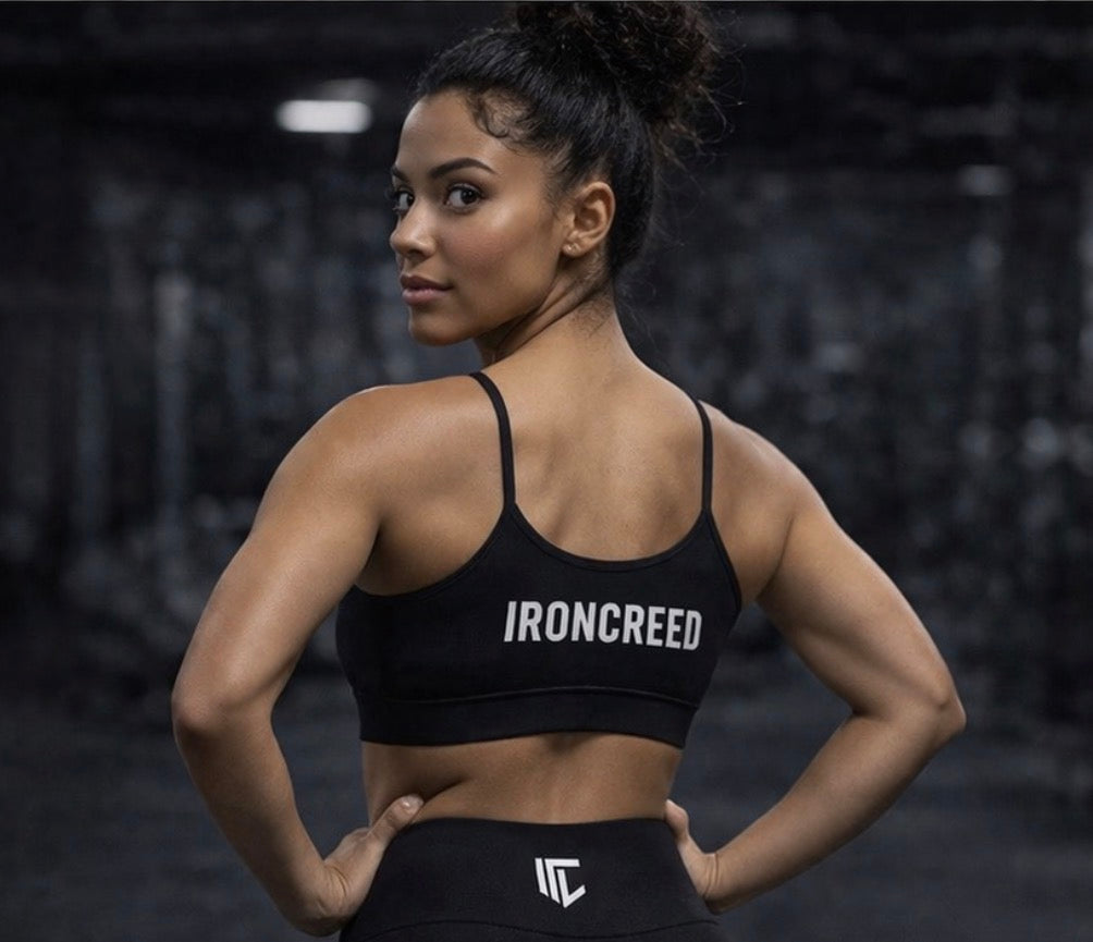 IronCreed Performance Sports Bra – Black Minimalist Gym Bra for Training & Fitness